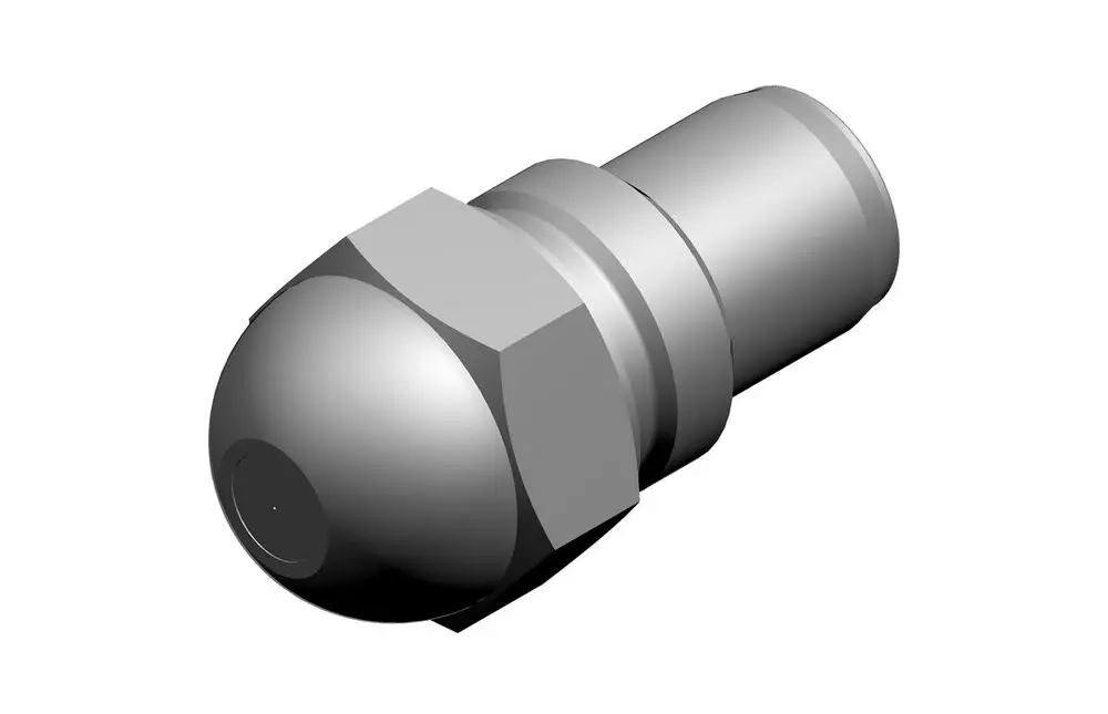 Bosch Öldüse mit einem runden Ende und Sechskantansatz, geeignet für Anwendungen in Heizsystemen, zeigt eine metallische Oberfläche ohne erkennbare Beschriftungen.